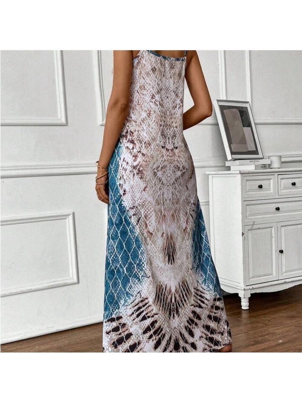 Women's Blue Snakeskin Print Bohemian Maxi Cami Dress Large - Picture 12 of 15